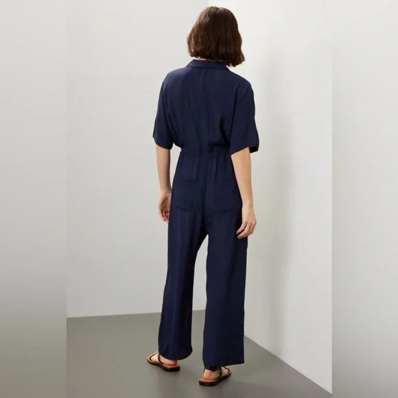 Thakoon Collective Navy blue Short Sleeve Jumpsuit SZ 2 viscose rayon drawstring - Picture 2 of 11
